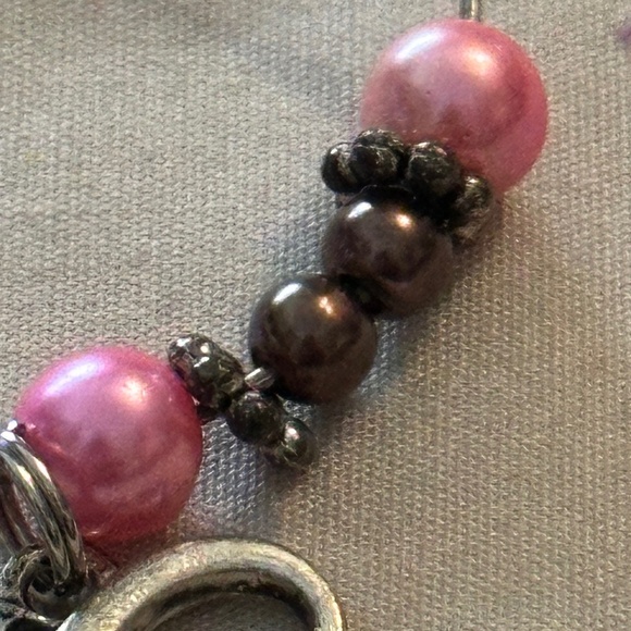 3/$15 Wine glass tag stainless steel hoop, pink & mocha beads infinity charm - Picture 9 of 12
